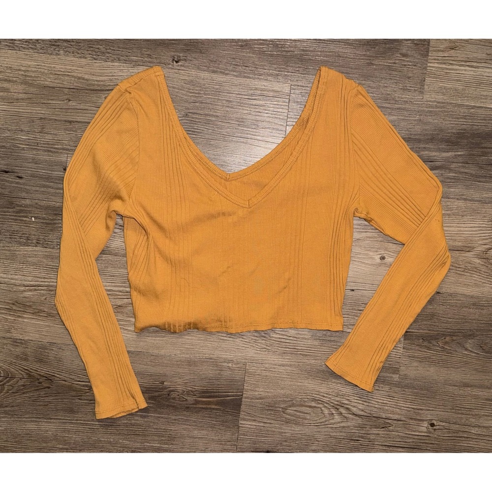 Arizona Jean Co Mustard Yellow Ribbed Long Sleeve V-Neck Crop Top XL